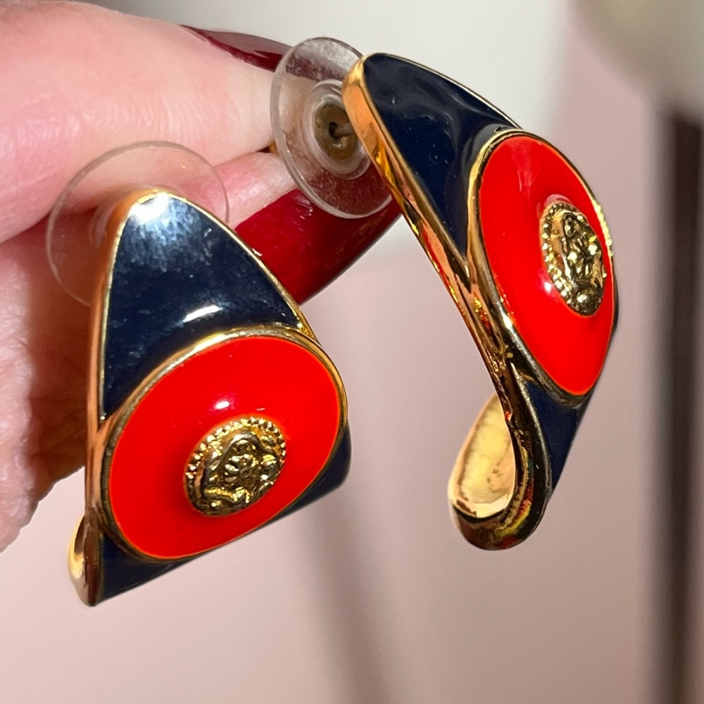 Vintage 1980 90 retro Heavy Gold Red Blue Byzantine oversized Half hoop Earrings - Picture 5 of 13